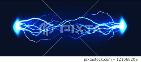 Electric discharge. Thunder bolts blue lightning, electric shock glowing flash effect. Power electrical energy lightning. Vector concept Electric discharge. Thunder bolts blue lightning, electric shock glowing flash effect. Power electrical energy lightning. Vector concept 121069209