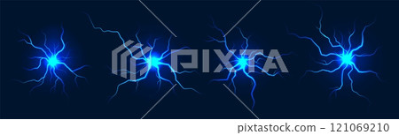 Lightning balls. Flash light thunder spark, electric blast storm or thunderbolt with radial rays. Sparking thunderbolt explosion. Plasma burst vector realistic set 121069210