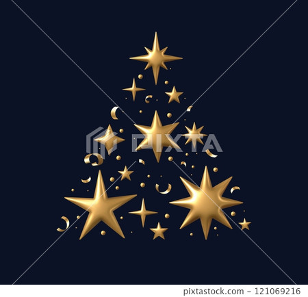 Christmas tree golden star. 3D stars realistic gold metallic starry shapes and confetti in Christmas tree composition. Xmas winter holiday concept. Vector background 121069216