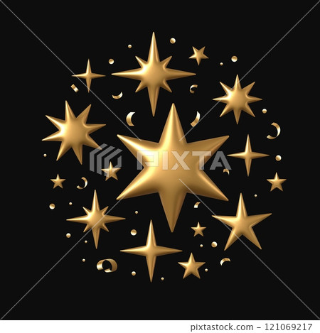 Christmas golden star. 3D stars realistic various gold metallic starry shapes and confetti in circle composition. Xmas winter holiday concept. Vector isolated illustration 121069217