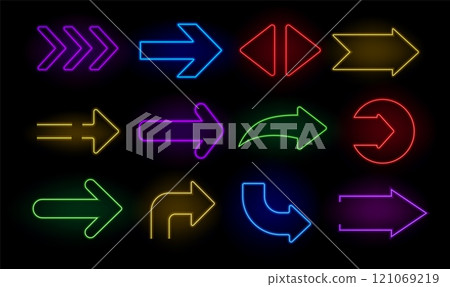 Neon directional arrows. Bright arrow pointer electric illuminated symbols, advertising neon signboards indicating direction. Vector arrow icons isolated set 121069219