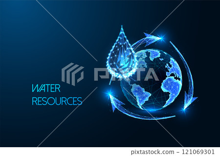 Water resources management concept with glowing drop, globe, and arrows on dark background. Water resources management concept with glowing drop, globe, and arrows on dark background. 121069301