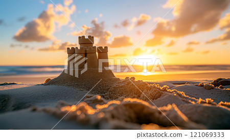 Sandcastle stands proudly on the beach as the sun sets over the horizon, creating a serene landscape 121069333