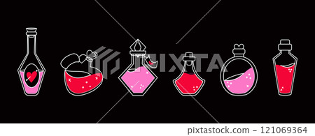 A set of different potion bottles. Magic and alchemy. A love potion. A set of different potion bottles. Magic and alchemy. A love potion. 121069364