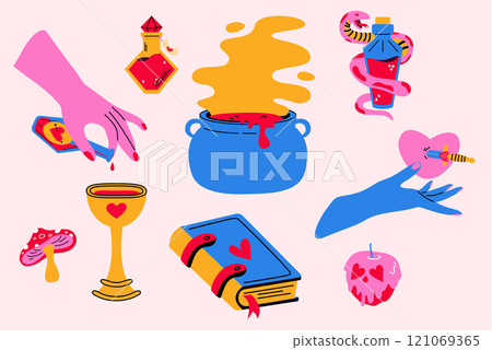 A set of illustrations of love charms. A love potion, love spell, a prediction of the future. A set of illustrations of love charms. A love potion, love spell, a prediction of the future. 121069365
