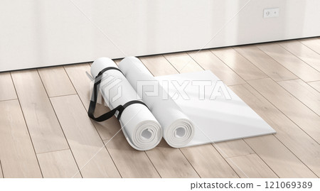 Blank white rolled yoga mat on floor shadow mockup 121069389