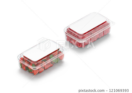 Blank transparent plastic box with raspberry and strawberry mockup 121069393