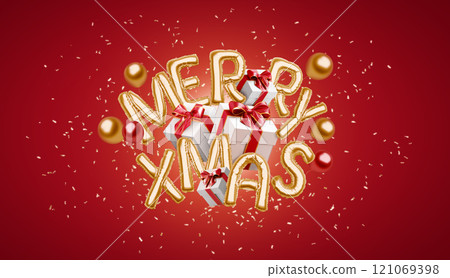 Decorative inflated foil balloon 2025 merry xmas font, red background Decorative inflated foil balloon 2025 merry xmas font, red background 121069398
