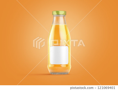 Blank transparent glass orange juice bottle mockup, colored background 121069401