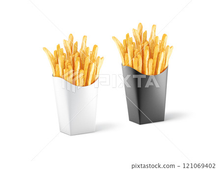 Blank black and white paper pack with french fries mockup 121069402