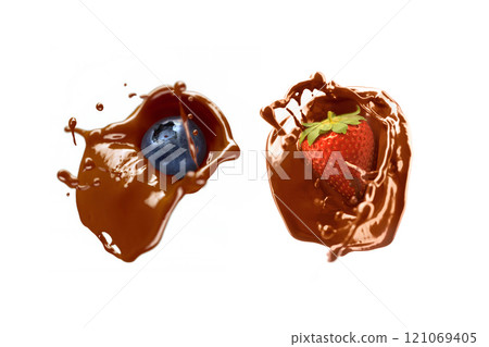 Blueberry and strawberry falling in chocolate splash, depth of field 121069405