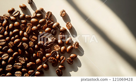 Brown coffee beans are spread across a plain white background 121069428