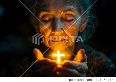 eladery Woman Holding a Glowing Cross: Symbol of Faith and Hope. 121069452