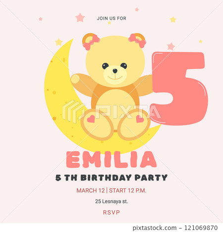 Invitation childrens birthday party with cute bear and number. Celebration fifth birthday. Moon and stars. Greeting card template for children. Vector illustration. 121069870