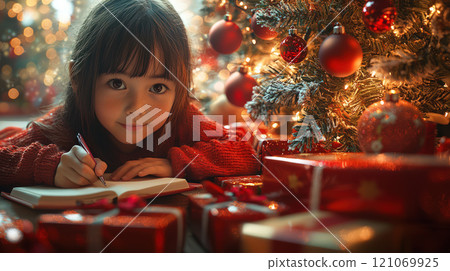 A cute little girl writes a letter to Santa Claus under a decorated Christmas tree 121069925