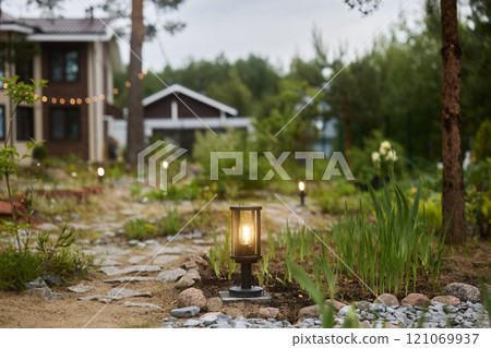 A Charming Outdoor Garden Pathway Adorned with Lanterns at Dusk Creating a Cozy Atmosphere A Charming Outdoor Garden Pathway Adorned with Lanterns at Dusk Creating a Cozy Atmosphere 121069937