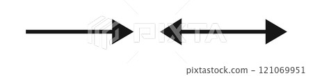 Arrow and double arrow icons. Next or look here symbols. Black horizontal pointer, direction or location, reverse or width signs isolated on white background. Vector graphic illustration 121069951