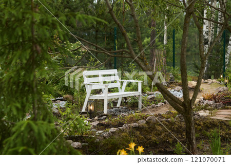 Discover a Serene White Bench Set within a Beautifully Lush Garden Landscape Oasis 121070071