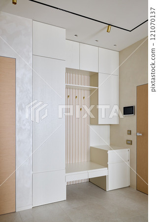 A modern minimalist entryway storage solution prioritizing clean aesthetics and functionality 121070137