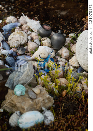 A Vibrant and Colorful Coastal Scene featuring Beautiful Seashells and Decorative Elements 121070171