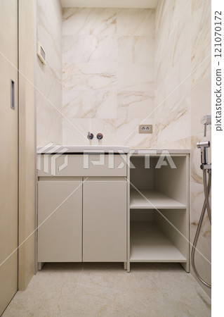 Contemporary Modern Bathroom Sink Area Featuring a Sleek Vanity with Ample Shelving 121070172