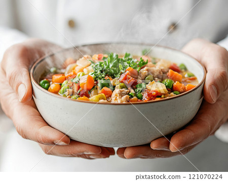bowl of hot vegetable soup 121070224