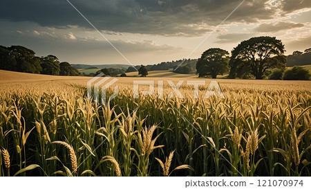 A vast wheat field with golden ears swaying in the wind 121070974