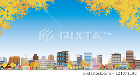 城市景觀與秋葉的插圖。 城市景觀與秋葉的插圖。 121071146