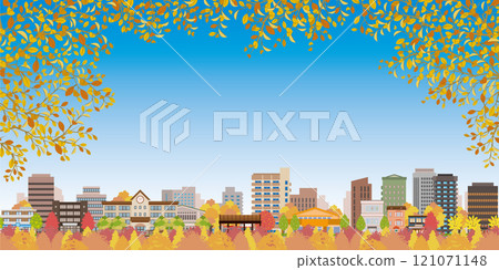Autumn leaves cityscape illustration. 121071148