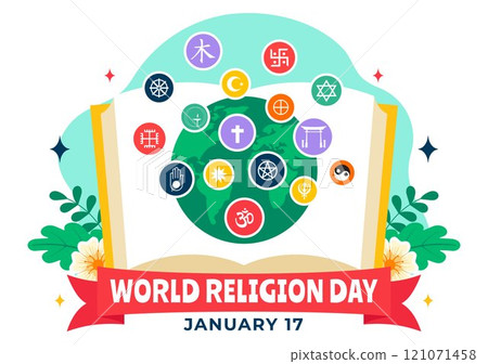 World Religion Day Vector Illustration on 17 January with Symbol Icons of Different Religions to Unity and Respect Among All Beliefs in a Background World Religion Day Vector Illustration on 17 January with Symbol Icons of Different Religions to Unity and Respect Among All Beliefs in a Background 121071458