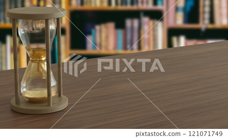 The Sand clock on wood table in library image 3d rendering. 121071749