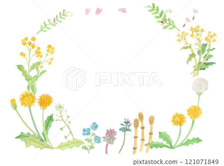 A circular frame of spring field flowers painted with watercolors 121071849