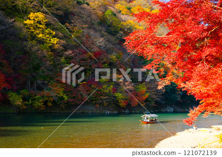秋季葉子和遊艇在Arashiyama，京都 121072139
