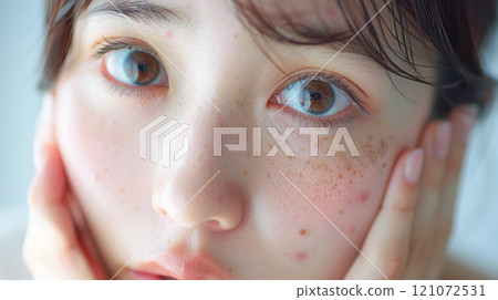 Close-up of a young woman's face worried about rough skin 121072531