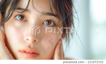 Close-up of a young woman's face worried about rough skin 121072532