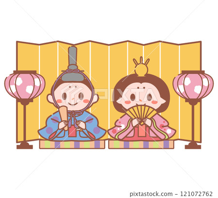 Illustration of the Doll's Festival in March with the Emperor and Empress lanterns on a folding screen Illustration of the Doll's Festival in March with the Emperor and Empress lanterns on a folding screen 121072762