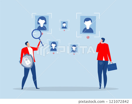 KYC or know your customer , Businessman with a shield looking at the partners-to-be through a magnifying glass.vector illustrator KYC or know your customer , Businessman with a shield looking at the partners-to-be through a magnifying glass.vector illustrator 121072842