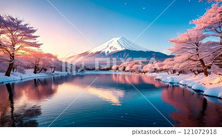An illustration of a snowy landscape of Mt. Fuji, cherry blossoms in full bloom with falling petals, and a lake 121072918