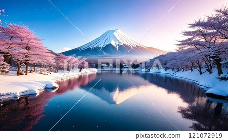 An illustration of a snowy landscape of Mt. Fuji, cherry blossoms in full bloom with falling petals, and a lake 121072919