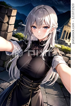 A girl in a dress with her hands outstretched 121072920