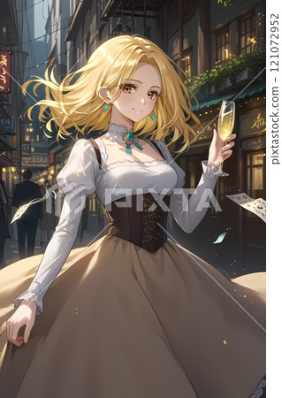 Blonde woman posing in a dress 121072952