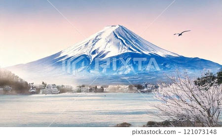 A watercolor illustration of a winter landscape of snow-capped Mt. Fuji and a lake shrouded in mist and storms 121073148