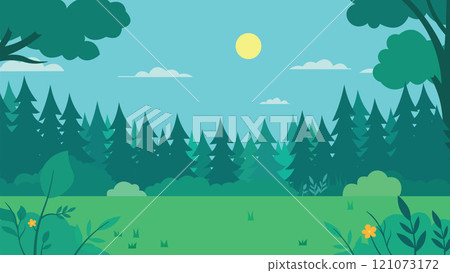 Flat Design Illustration of Green Pine Trees Nature View in Forest with Sun in the Sky Flat Design Illustration of Green Pine Trees Nature View in Forest with Sun in the Sky 121073172