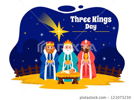 Three Kings Day Vector Illustration Celebrating Faith in the Divinity of Jesus and His Arrival into the World during the Epiphany Christian Festival Three Kings Day Vector Illustration Celebrating Faith in the Divinity of Jesus and His Arrival into the World during the Epiphany Christian Festival 121073230