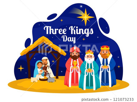 Three Kings Day Vector Illustration Celebrating Faith in the Divinity of Jesus and His Arrival into the World during the Epiphany Christian Festival Three Kings Day Vector Illustration Celebrating Faith in the Divinity of Jesus and His Arrival into the World during the Epiphany Christian Festival 121073233