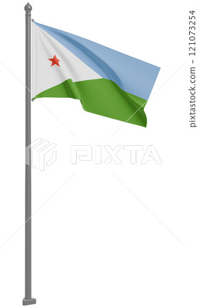 飄揚的吉布地共和國國旗 3D 插圖(前視圖) 飄揚的吉布地共和國國旗 3D 插圖(前視圖) 121073254