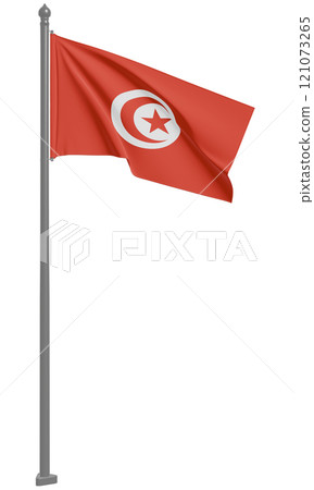 3D illustration of the fluttering flag of the Republic of Tunisia (front view) 121073265