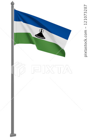 3D illustration of the fluttering flag of the Kingdom of Lesotho (front view) 121073287