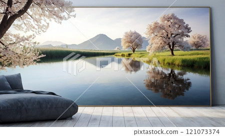 Serene River Landscape with Lush Greenery Generative AI illustration 121073374