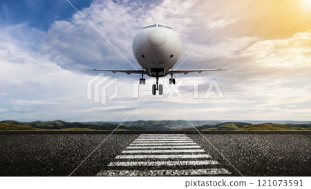 Commercial airplane flying in the sky above the city street with a cloudscape background 121073591